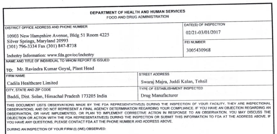 Cadila Healthcare US FDA Inspection of Baddi – Form 483 Revealed