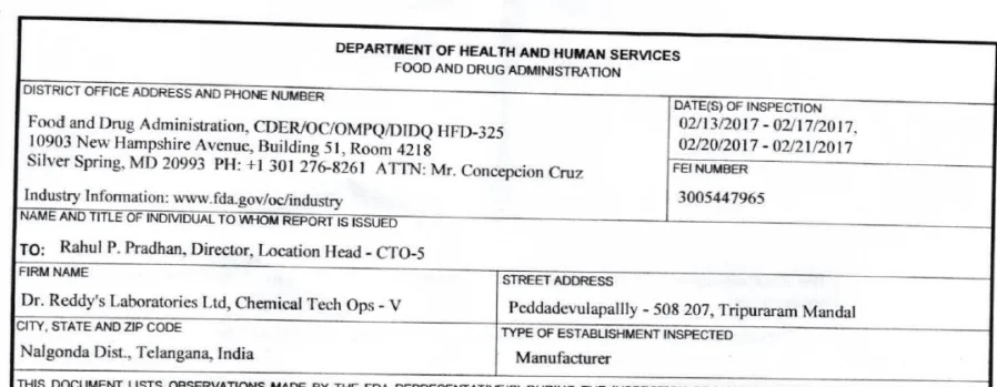Dr Reddy’s Laboratories US FDA Inspection of Miryalaguda - Form 483 Revealed