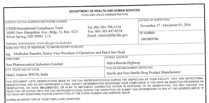Exclusive: We Reveal The Observations Made By US FDA's Inspection Of Sun Pharma's Halol Facility