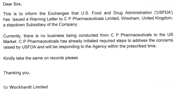 Wockhardt's UK Based Step-down Subsidiary CP Pharmaceuticals Re-Slapped With A USFDA Warning Letter